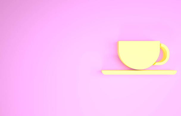 Icono de taza de café amarillo aislado sobre fondo rosa. Taza de té. Café caliente. Concepto minimalista. 3D ilustración 3D render - Foto, Imagen