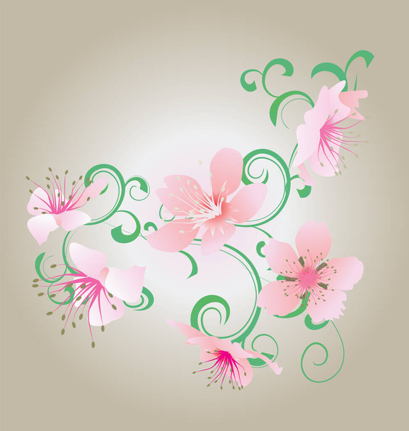 groene ornament en roze bloemen illustratie - Vector, afbeelding