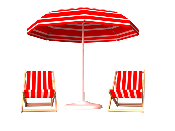 Silla de playa roja y sombrilla
 - Foto, Imagen