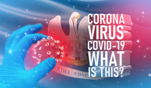 Coronavirus COVID-19, Usein kysyttyä - Mikä se teksti on, lääketieteellinen käsite Yhdysvaltojen lipun kanssa. Louisianan osavaltion lippu 3D-kuva
. - Valokuva, kuva