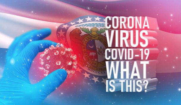Coronavirus COVID-19, Foire aux questions - Qu'est-ce que c'est texte, concept médical avec drapeau des États-Unis. Etat du Missouri drapeau illustration 3D
. - Photo, image