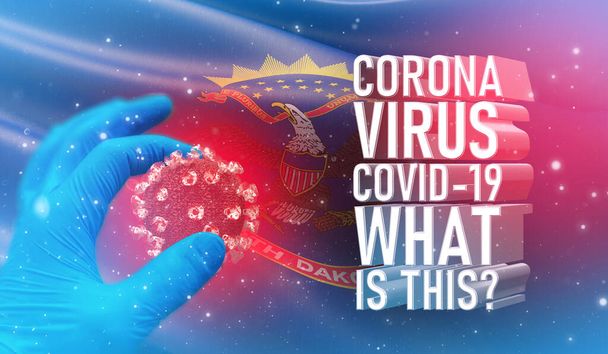 Coronavirus COVID-19, Frequently Asked Question - What Is It text, medical concept with flag of the states of USA. State of North Dakota flag 3D illustration. - Photo, Image