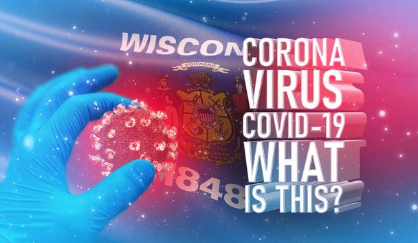 Coronavirus COVID-19, Usein kysyttyä - Mikä se teksti on, lääketieteellinen käsite Yhdysvaltojen lipun kanssa. Wisconsinin osavaltion lippu 3D-kuvitus
. - Valokuva, kuva
