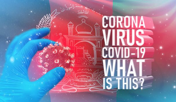 Coronavirus COVID-19, Gyakran Ismételt Kérdés - Mi az a szöveg, orvosi koncepció a zászló Afganisztán. Hullámos nagyon részletes közelkép 3D render. - Fotó, kép