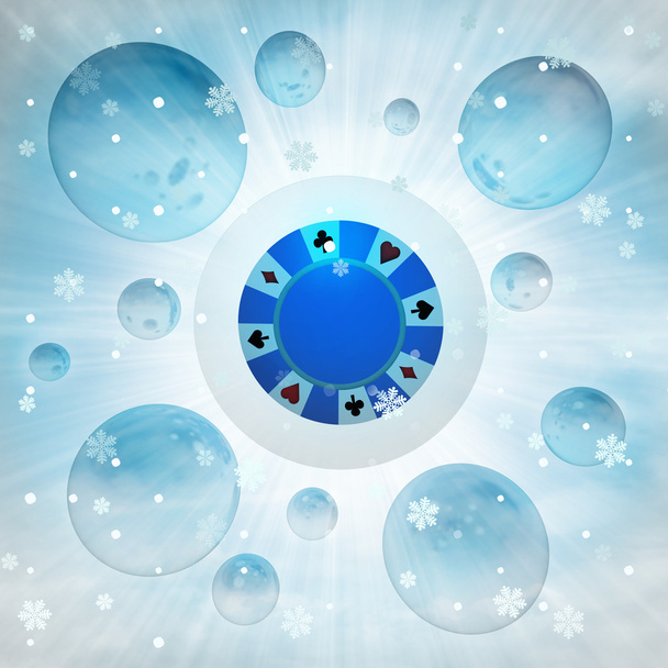 blue poker chip in bubble at winter snowfall - Photo, Image