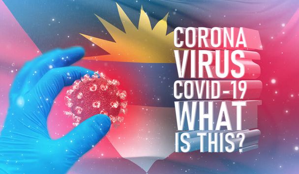 Coronavirus COVID-19, Frequently Asked Question - What Is It tekst, medisch concept met vlag van Antigua en Barbuda. Waved zeer gedetailleerde close-up 3D render. - Foto, afbeelding