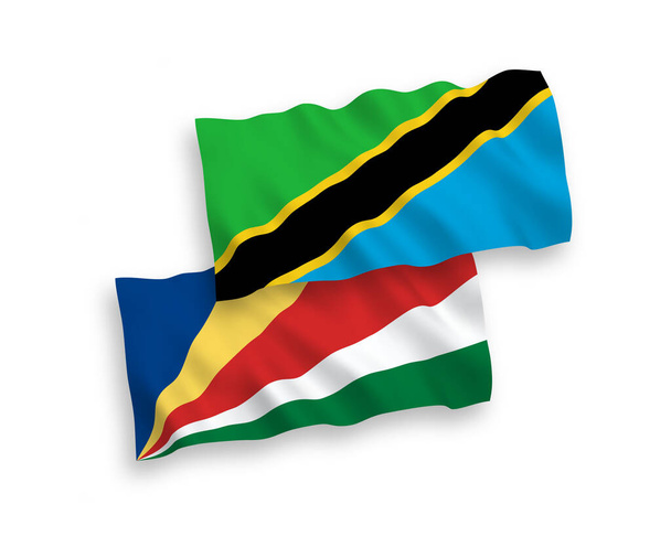 National vector fabric wave flags of Tanzania and Seychelles isolated on white background. 1 to 2 proportion. - Vector, Image