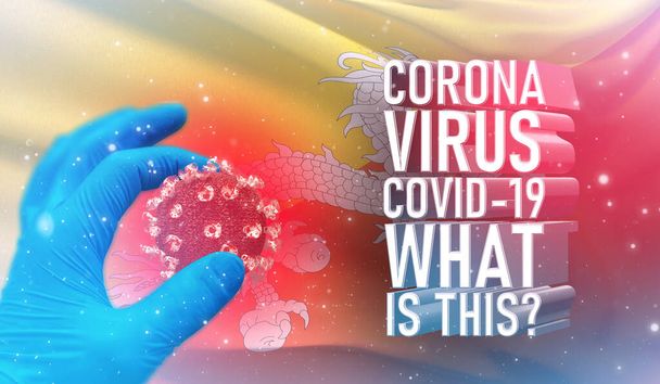 Coronavirus COVID-19, Frequently Asked Question - What Is It tekst, medisch concept met vlag van Bhutan. Pandemische 3D illustratie. - Foto, afbeelding
