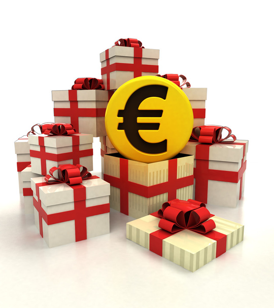 grupo aislado de cajas de regalo de Navidad con revelación de monedas de oro en euros
 - Foto, imagen