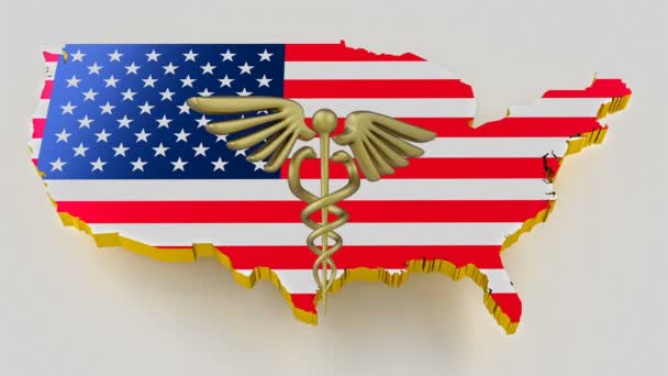 Η πινακίδα Caduceus με τα φίδια σε ένα ιατρικό αστέρι. Χάρτης των χερσαίων συνόρων των ΗΠΑ με σημαία. 3d απόδοση - Πλάνα, βίντεο