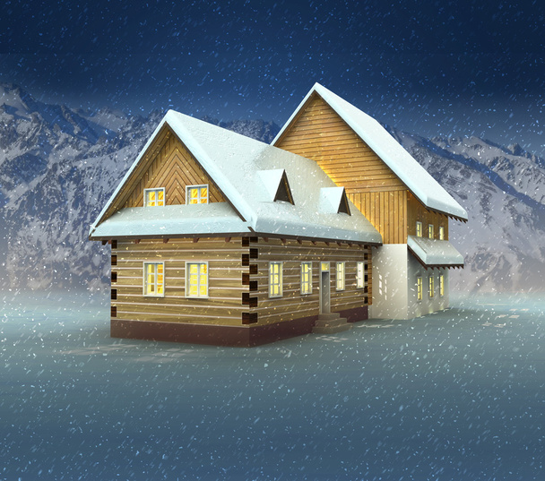 alte Hütte und Fensterbeleuchtung bei nächtlichem Schneefall - Foto, Bild
