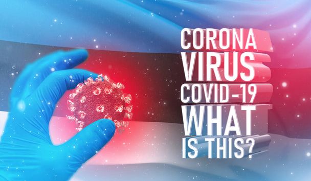 Coronavirus COVID-19, Frequently Asked Question - What Is It text, medical concept with flag of Estonia. Ilustración 3D pandémica
. - Foto, imagen