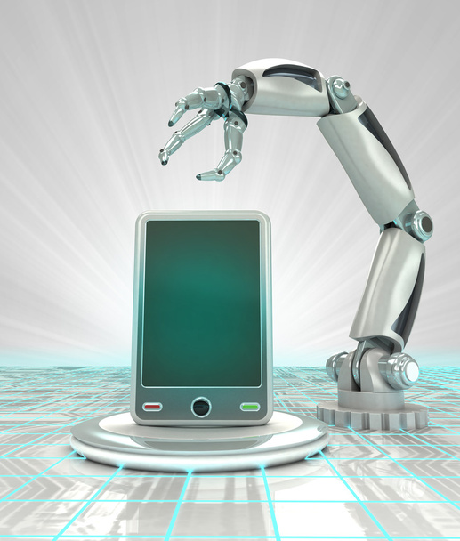δημιουργία βιομηχανικών κυβερνητικό ρομποτικό χέρι καθιστούν φουτουριστικό έξυπνο τηλέφωνο - Φωτογραφία, εικόνα