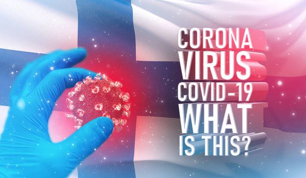 コロナウイルスCOVID-19,よくある質問-それは何ですか?それはテキスト,フィンランドの旗と医療の概念.流行の3Dイラスト. - 写真・画像