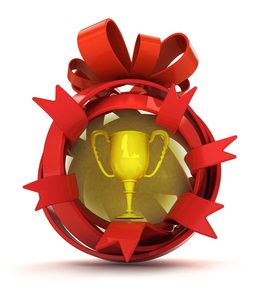 esfera de regalo de cinta roja abierta con copa de oro en el interior
 - Foto, Imagen