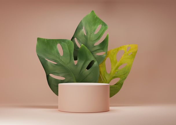 3D βάθρο επίδειξης με φύλλα φοίνικα monstera σε παστέλ μπεζ φόντο. Minimal Jungle εξωτική πράσινη σύνθεση φυτών για την προώθηση των προϊόντων. Πλατφόρμα βάσης για banner branding. 3D απόδοση - Φωτογραφία, εικόνα