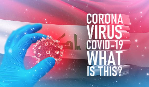 Coronavirus COVID-19, Foire aux questions - Qu'est-ce que c'est texte, concept médical avec drapeau de l'Irak. Illustration 3D pandémique
. - Photo, image