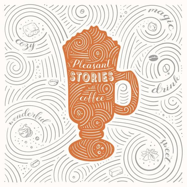 Karta s motivem kávy. The Lettering - Příjemné příběhy s kávou. Kávové prvky a kávové doplňky. Ilustrace pro kavárnu, restauraci a domov. Ručně psaný vířivý vzor. Ručně kreslený vektorový obrázek stylu - Vektor, obrázek