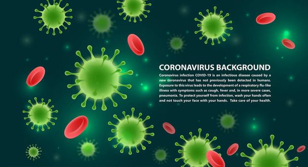 Coronavirus 2019-ncov y antecedentes de virus. COVID-19 sobre un fondo verde oscuro. Concepto médico pandémico
. - Vector, Imagen