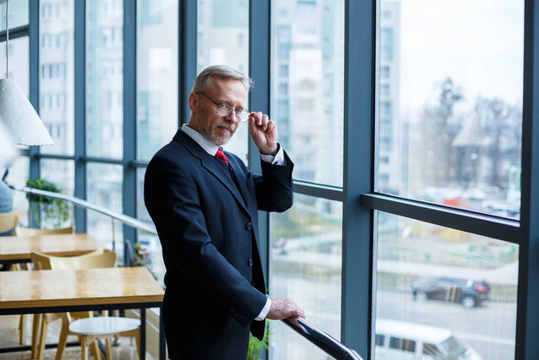 Adult male businessman, teacher, mentor looks out the large window of his office. Work in the office. Development of a new business project - Фото, изображение