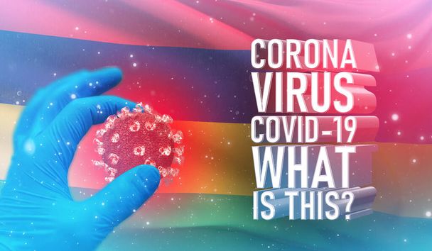 Coronavirus COVID-19, Frequently Asked Question - What Is It text, medical concept with flag of Mauritius. Ilustración 3D pandémica
. - Foto, imagen