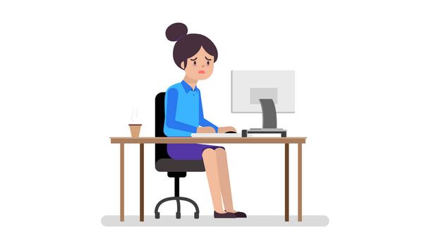 Geschäftsfrau fühlt sich müde Arbeits.Junge Frau leidet unter Stress Arbeits.Cartoon Geschäftsfrau arbeitet am Laptop an ihrem Büroschreibtisch.Vektorillustration - Vektor, Bild