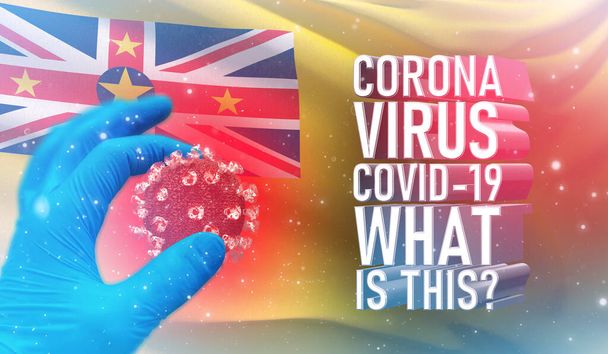 Coronavirus COVID-19, Häufig gestellte Frage - Was ist es Text, medizinisches Konzept mit Niue-Fahne. 3D-Abbildung zur Pandemie. - Foto, Bild