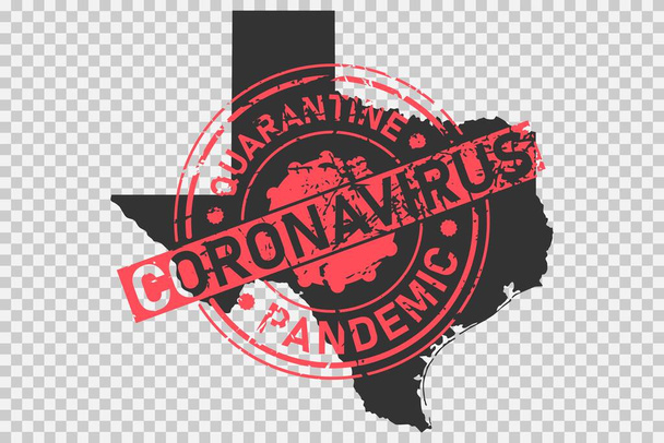 Σφραγίδα κορωναϊού του Τέξας. Έννοια της καραντίνας, απομόνωση και πανδημία του ιού στις ΗΠΑ, Austin. Grunge στυλ σφραγίδα υφή πάνω από μαύρο χάρτη του Τέξας. Εικονογράφηση διανύσματος. - Διάνυσμα, εικόνα