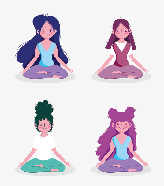 groep vrouwen oefenen yoga poseren lotus activiteit sport oefening thuis - Vector, afbeelding