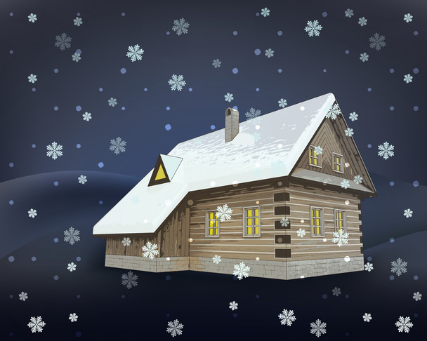 kis vidéki téli faház: éjszakai havazás vector - Vektor, kép