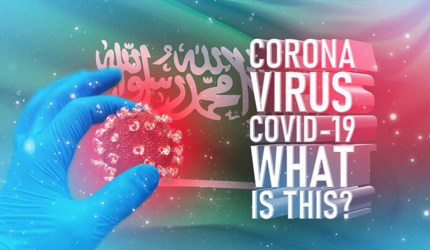 コロナウイルスCOVID-19,よくある質問-それは何ですか?それはテキスト、サウジアラビア王国の旗と医療の概念。流行の3Dイラスト. - 写真・画像