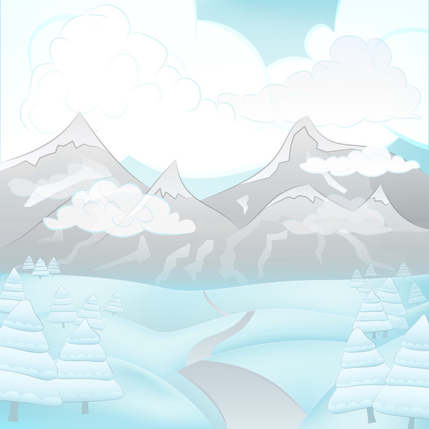 正方形の冬曇りがちな山の風景道路と雪に覆われた木のベクターでビュー - ベクター画像