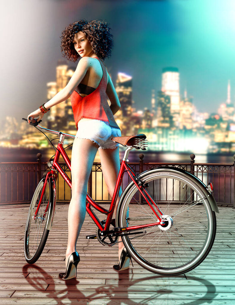 New York 'ta sıcak bir yaz gecesinde bisikletli genç ve güzel bir kadın kameraya bakıyor. Güzellik, moda ve yaşam tarzı, 3 boyutlu.. - Fotoğraf, Görsel