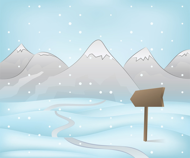 winter berg landschap scène met weg aanwijzer op sneeuwval vector - Vector, afbeelding