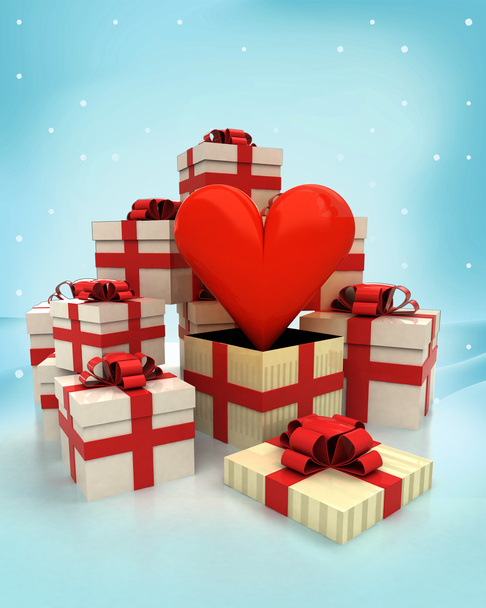 scatole regalo di Natale con amore sorpresa a nevicate invernali
 - Foto, immagini