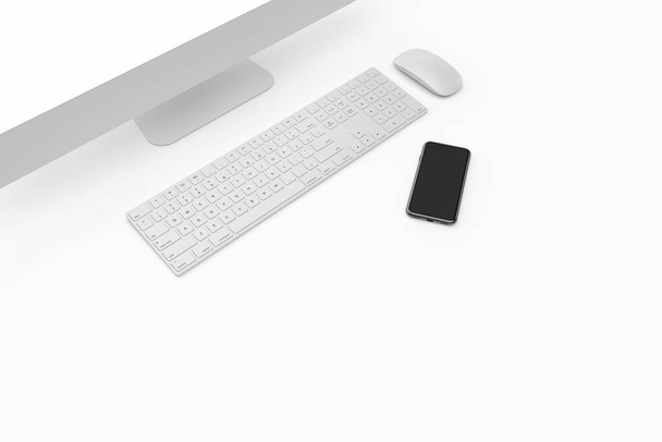 3d rendering, view of computer set with blank monitor screen mock up and keyboard and mobile phone, isolated on white background. - Foto, imagen