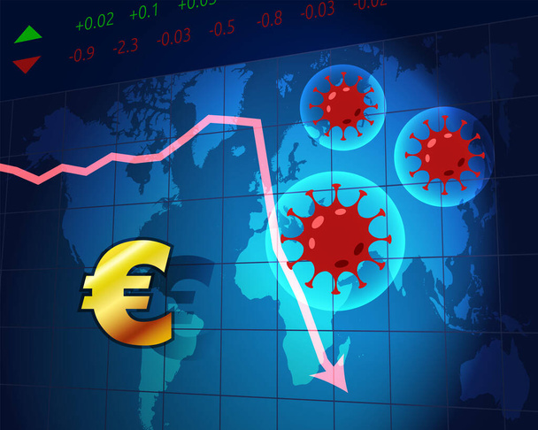 Coronavirus στον κόσμο. Καραντίνα και παγκόσμια ύφεση. Νόμισμα του ευρώ που χτυπήθηκε από ξέσπασμα του ιού της κορώνας και πανδημία. Έννοια της παγκόσμιας οικονομικής κρίσης - Διάνυσμα, εικόνα