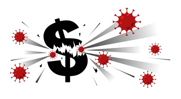 Coronavirus COVID-19 valt het dollarteken aan. Dollar als een Wereld valuta symbool dat neerstort door een pandemie. Illustratie van de financiële crisis en de wereldwijde recessie - Vector, afbeelding