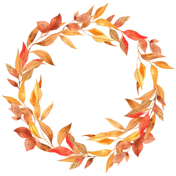 Wreath with autumn leaves, watercolor hand draw floral element on white background for print, wedding invitation - Φωτογραφία, εικόνα