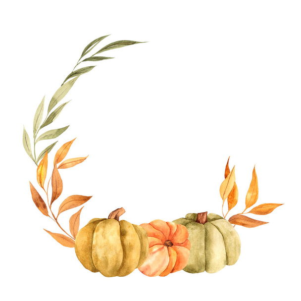 Wreath with watercolor hand draw autumn leaves and pumpkins - Photo, image