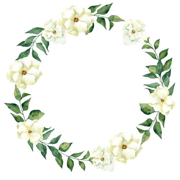 Watercolor wreath with hand draw spring flowers and leaves, isolated on white background - Zdjęcie, obraz