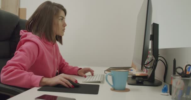 Jonge vrouw thuis werkt op de computer - Video
