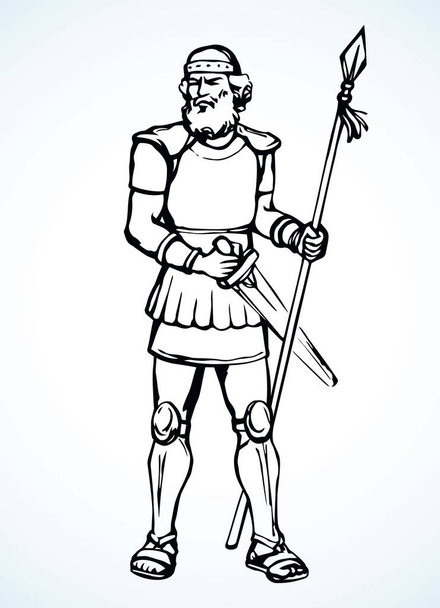 Bátor öreg nemes férfi szakállas görög király védő hős állni. Vázlatos fekete kéz rajzolt erős zsidó mellett emberi jel ikon. Zsidó kardforgató erő logója. Retro fehér bibliai Izrael művészet rajzfilm vonal stílus - Vektor, kép