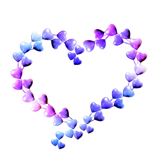Set of circle made of purple with blue hearts isolated on white background and copy space. Valentine's Day or mother's day ornament is colorful Tones.Flat lay. - Foto, Bild