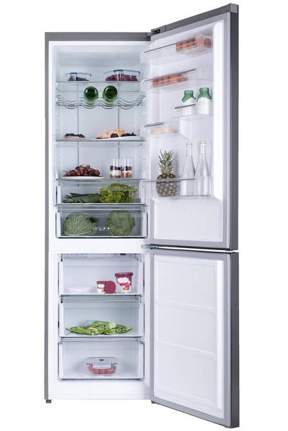 Avoin jääkaappi täynnä tuoreita hedelmiä ja vihanneksia, terveellinen ruokatausta, luomuravinto, terveydenhuolto, laihdutussuunnitelma
 - Valokuva, kuva