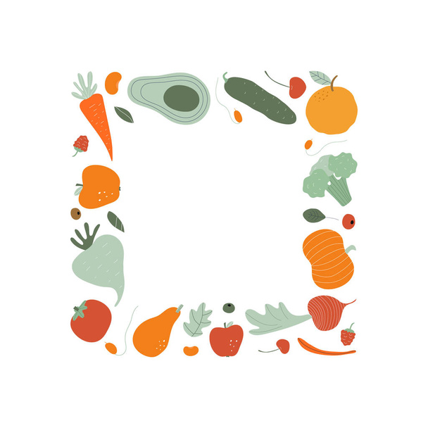 Vegetarian and raw food diet concept. Colorful frame with copy space for text. Flat vector illustration on white background.  - Вектор,изображение