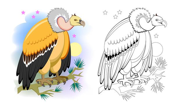 Colorful and black and white page for coloring book for kids. Illustration of a cute vulture. Predatory bird. Printable worksheet for children textbook. Flat vector cartoon image. - Vektör, Görsel