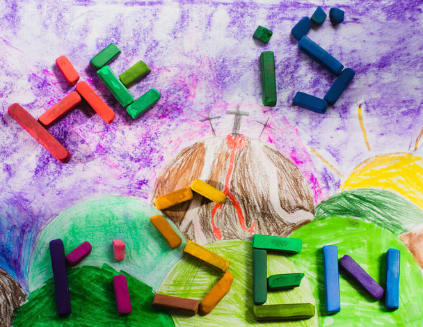 Dessin d'enfants lumineux par pastel, illustration pour Pâques, wo
 - Photo, image