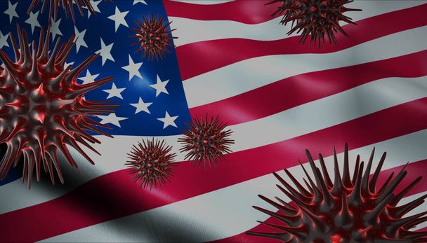 A coronavirus spinning with United States flag behind as epidemic outbreak infection in United States - Fotoğraf, Görsel