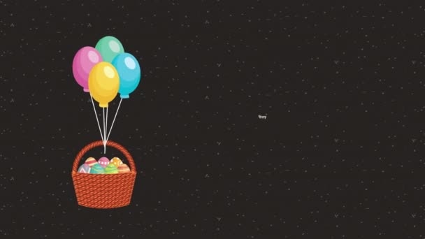 χαρούμενη πασχαλινή κάρτα κινουμένων σχεδίων με αυγά βαμμένα σε καλάθι πλωτά μπαλόνια ήλιο - Πλάνα, βίντεο